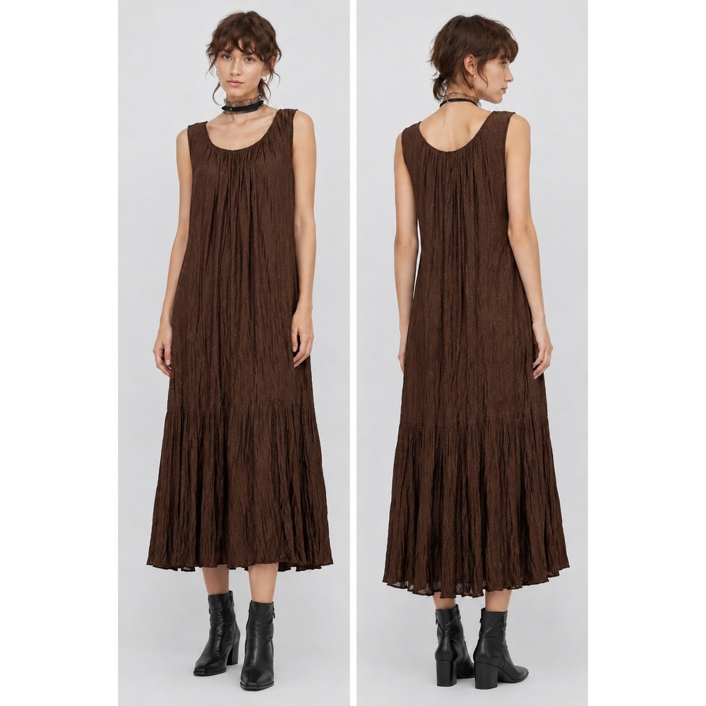 Uniqlo x Ines de la Fressange S Brown Polka Dot Crinkle Long Dress Relaxed Fit